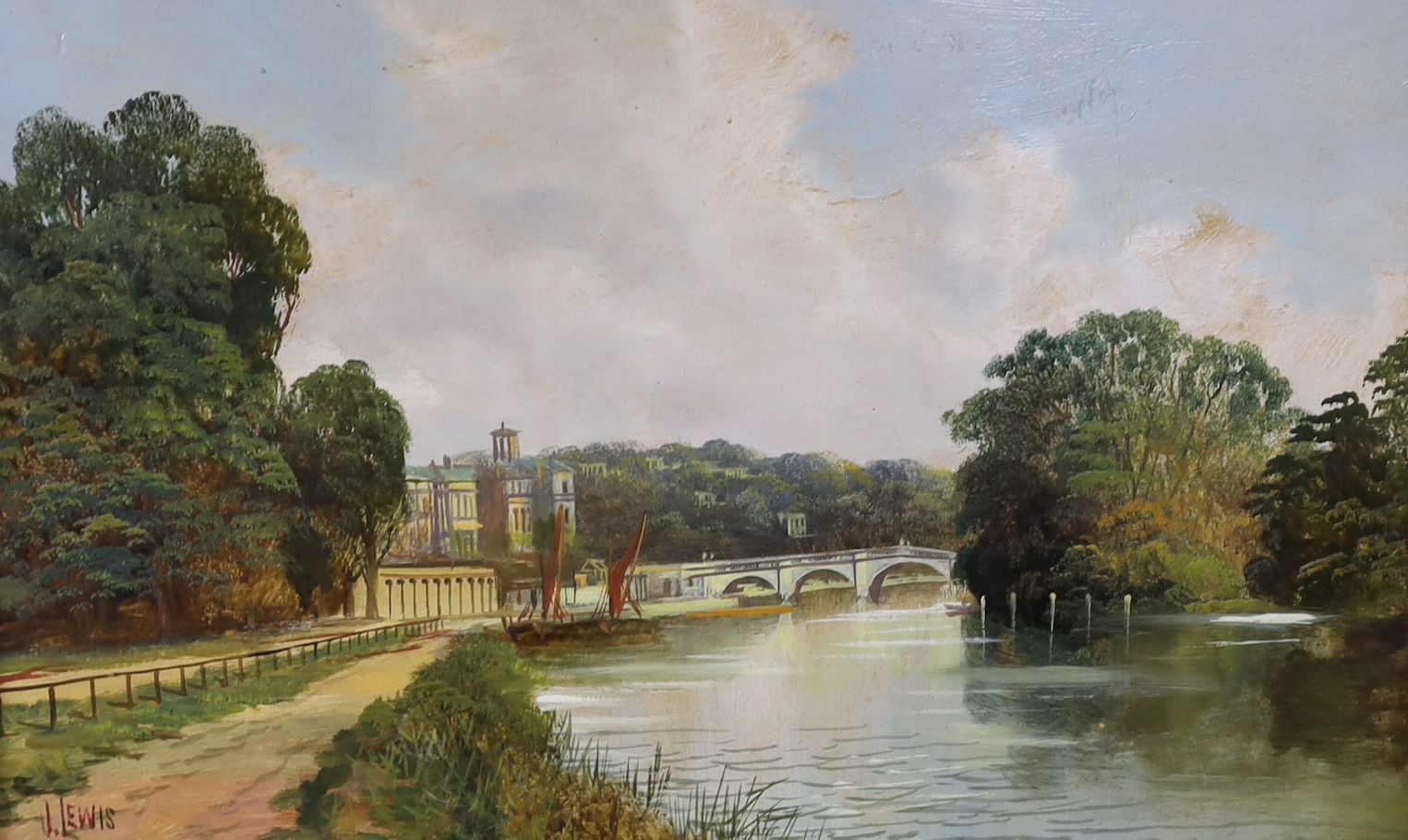 J. Lewis, pair of oils on board, The River Thames at Richmond, signed, 24 x 40cm